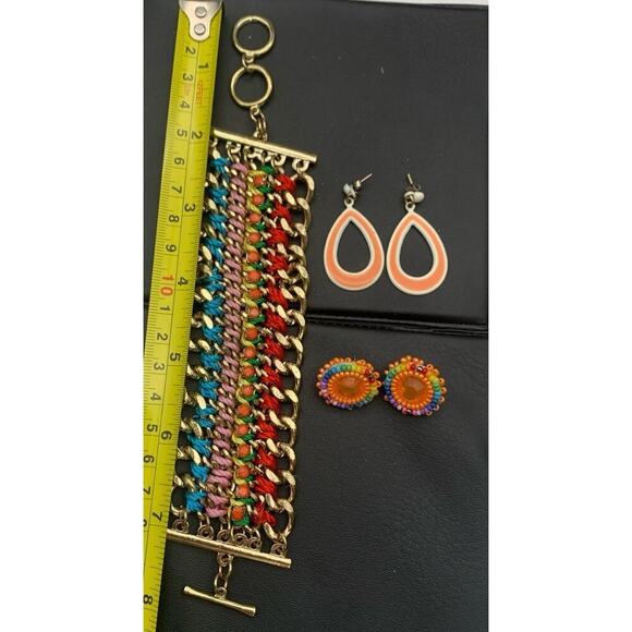 Gold Tone And Bright Multi Color Toggle Bracelet & Fun Bright Earring Lot Boho - Picture 3 of 3
